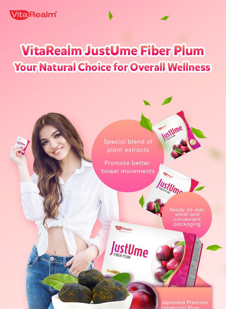Vitarealm Justume Fiber Plum contains the Japanese Umeboshi Plums with a special blend of plant extracts to promote better bowel movements. The product is packed in ready-to-eat, small and convenient packaging.